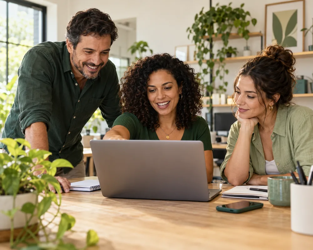Empreendedores planejando campanhas juntos em um notebook